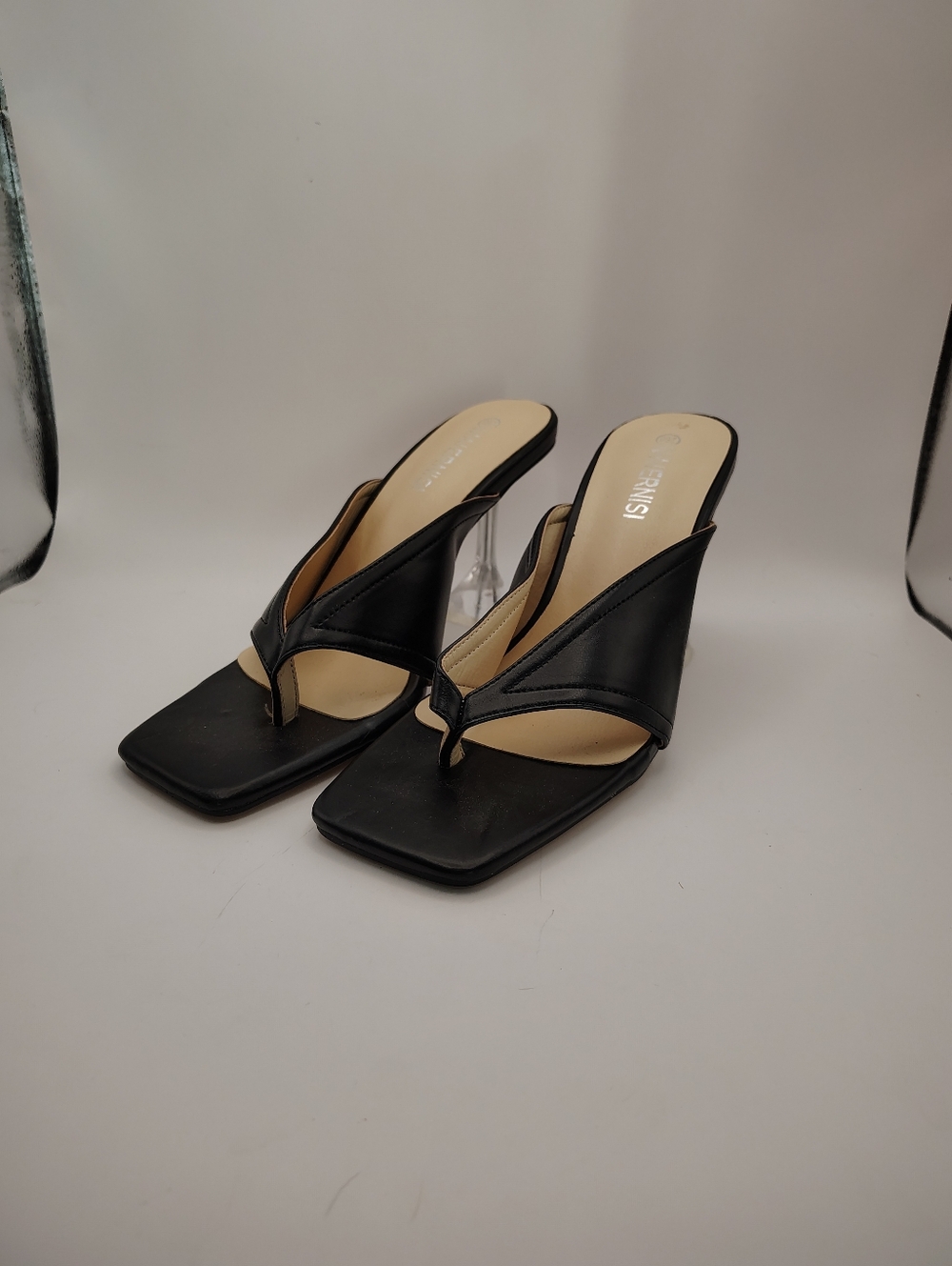 Maiernisi Black Heel Thong Sandals Mule Square Toe 3.75" Heel Women's Sz 9